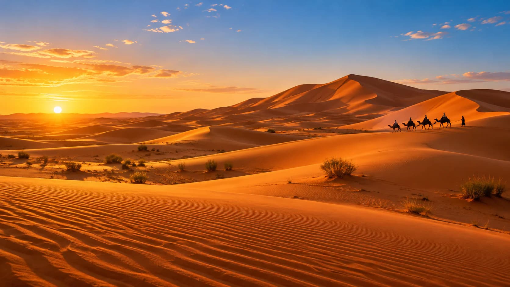 Illustration de dunes de sable dorées au coucher du soleil, avec une caravane de dromadaires au loin