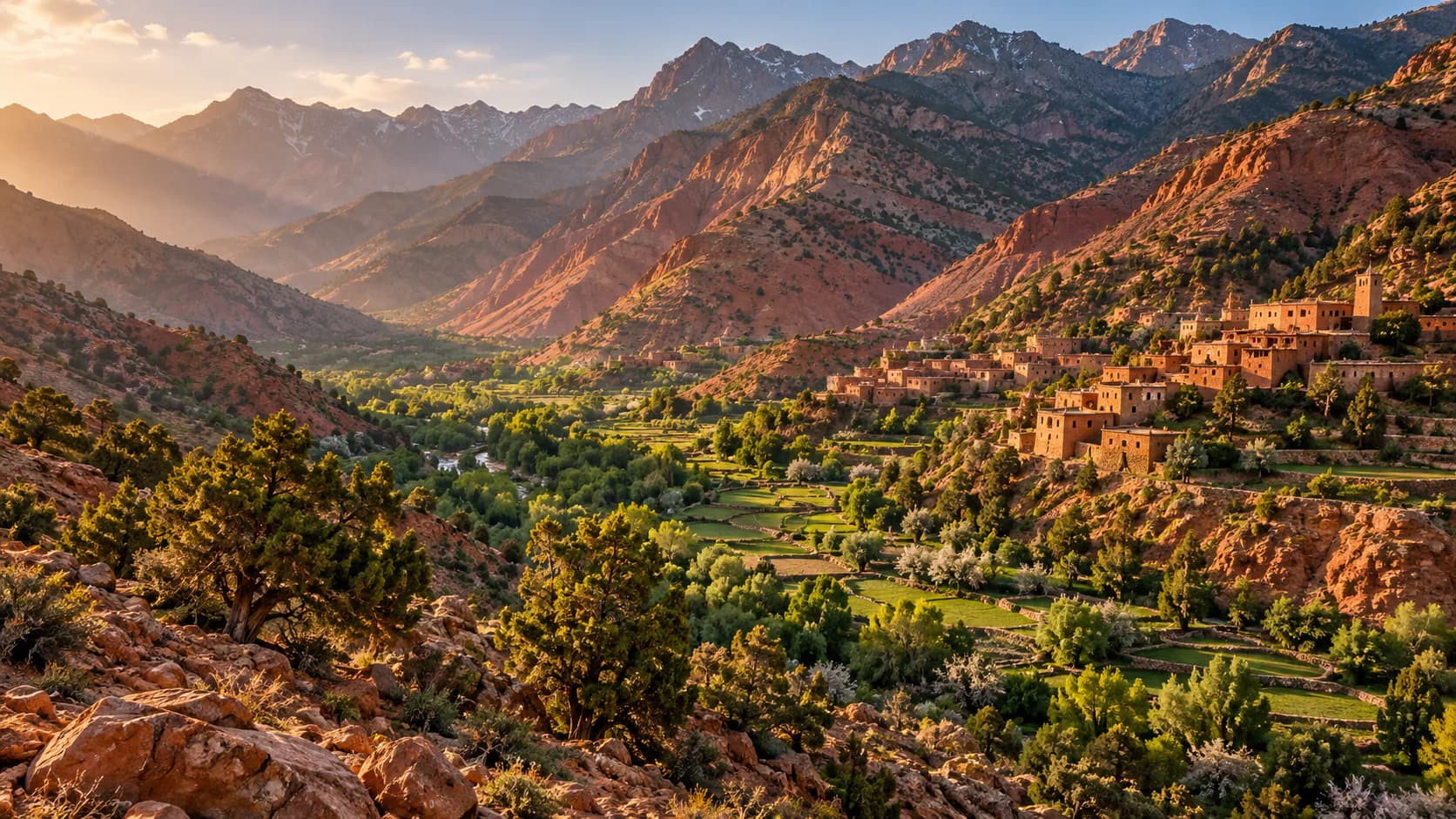 Illustration d’une vallée de montagne aux tons ocre, avec des cultures en terrasses et un village sur le versant