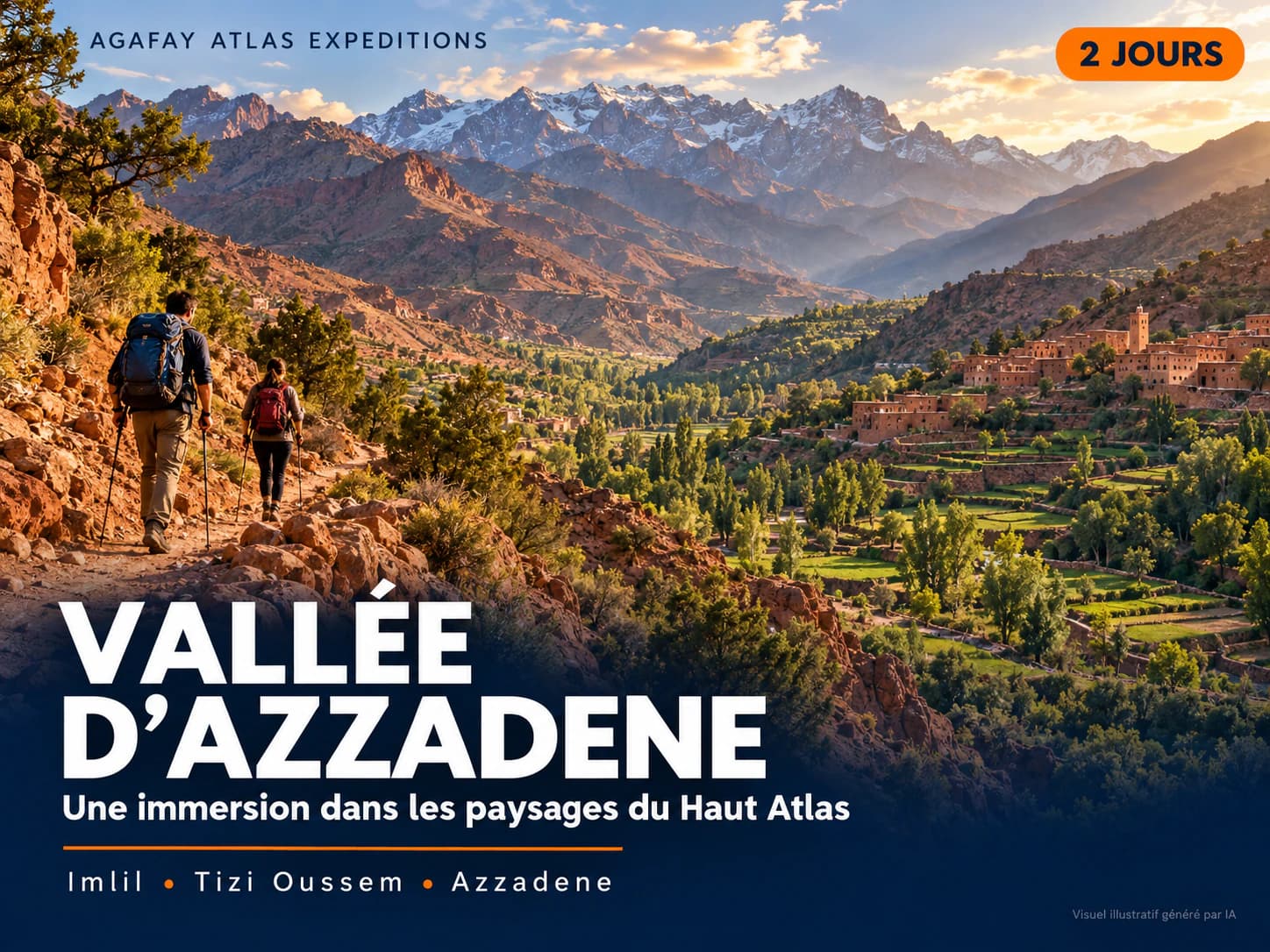 Affiche illustrée du programme « Vallée d’Azzadene — 2 jours » (illustration générée par IA)