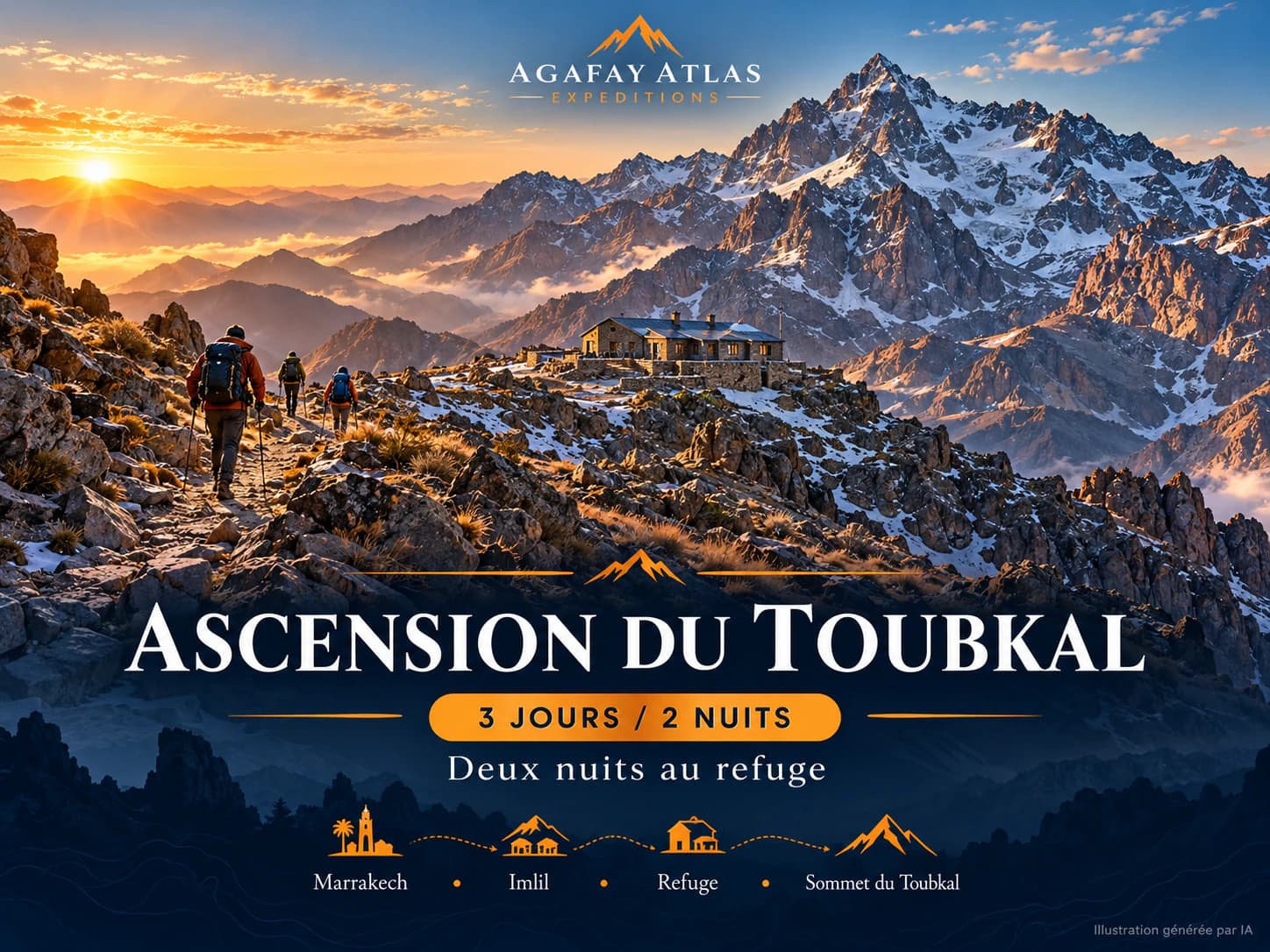 Illustration promotionnelle de l’ascension du Toubkal en 3 jours, avec le titre, l’itinéraire et la marque inscrits sur l’affiche